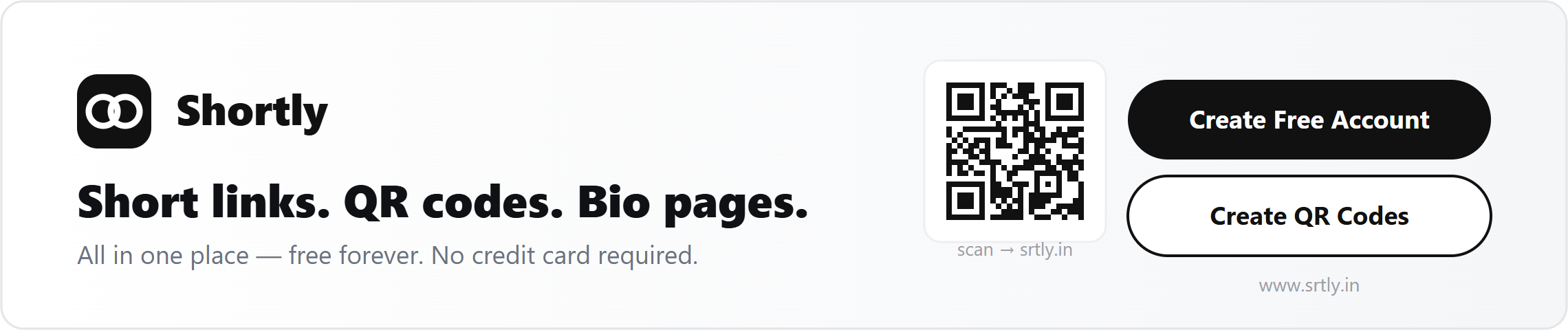 Shortly - free short links, QR codes and bio pages. Create your free account at srtly.in